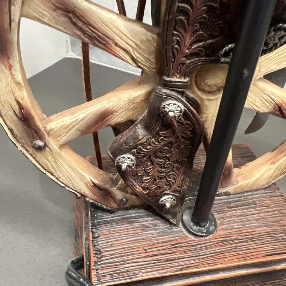 Western vintage Saddle Lamp rope on the saddle, sitting on a wheel/NO LAMP SHADE